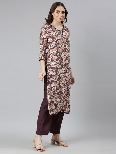 Neerus Purple Regular Straight Floral Kurta And  Trousers With Dupatta