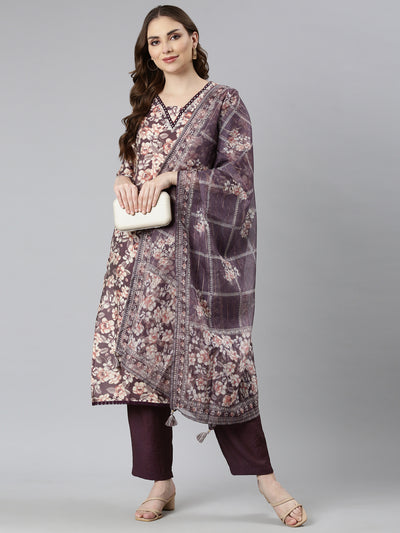 Neerus Purple Regular Straight Floral Kurta And  Trousers With Dupatta