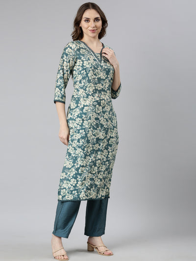 Neerus Blue Regular Straight Floral Kurta And  Trousers With Dupatta