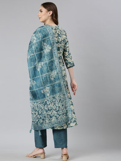 Neerus Blue Regular Straight Floral Kurta And  Trousers With Dupatta