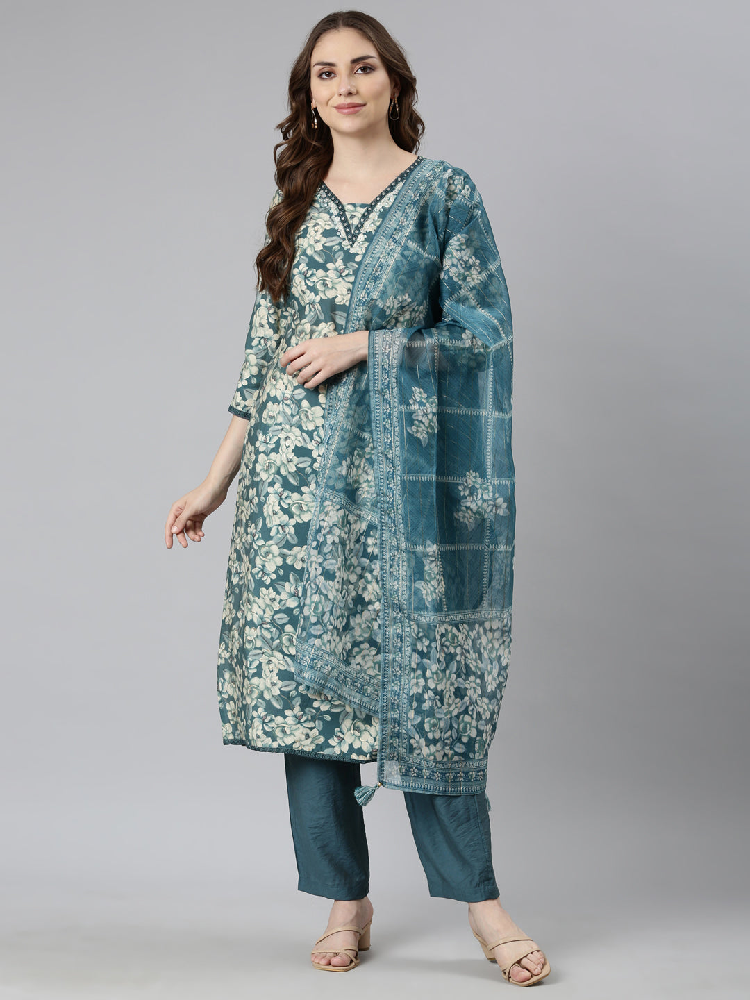 Neerus Blue Regular Straight Floral Kurta And  Trousers With Dupatta