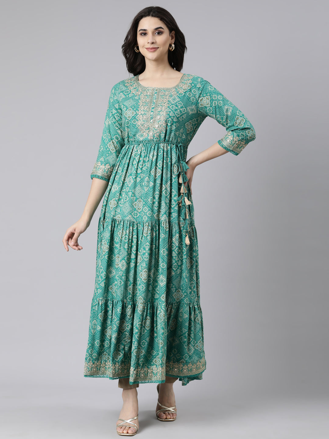 Neerus Green Flared Casual Floral Fit and Flare Dresses