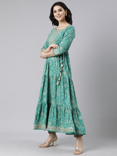 Neerus Green Flared Casual Floral Fit and Flare Dresses