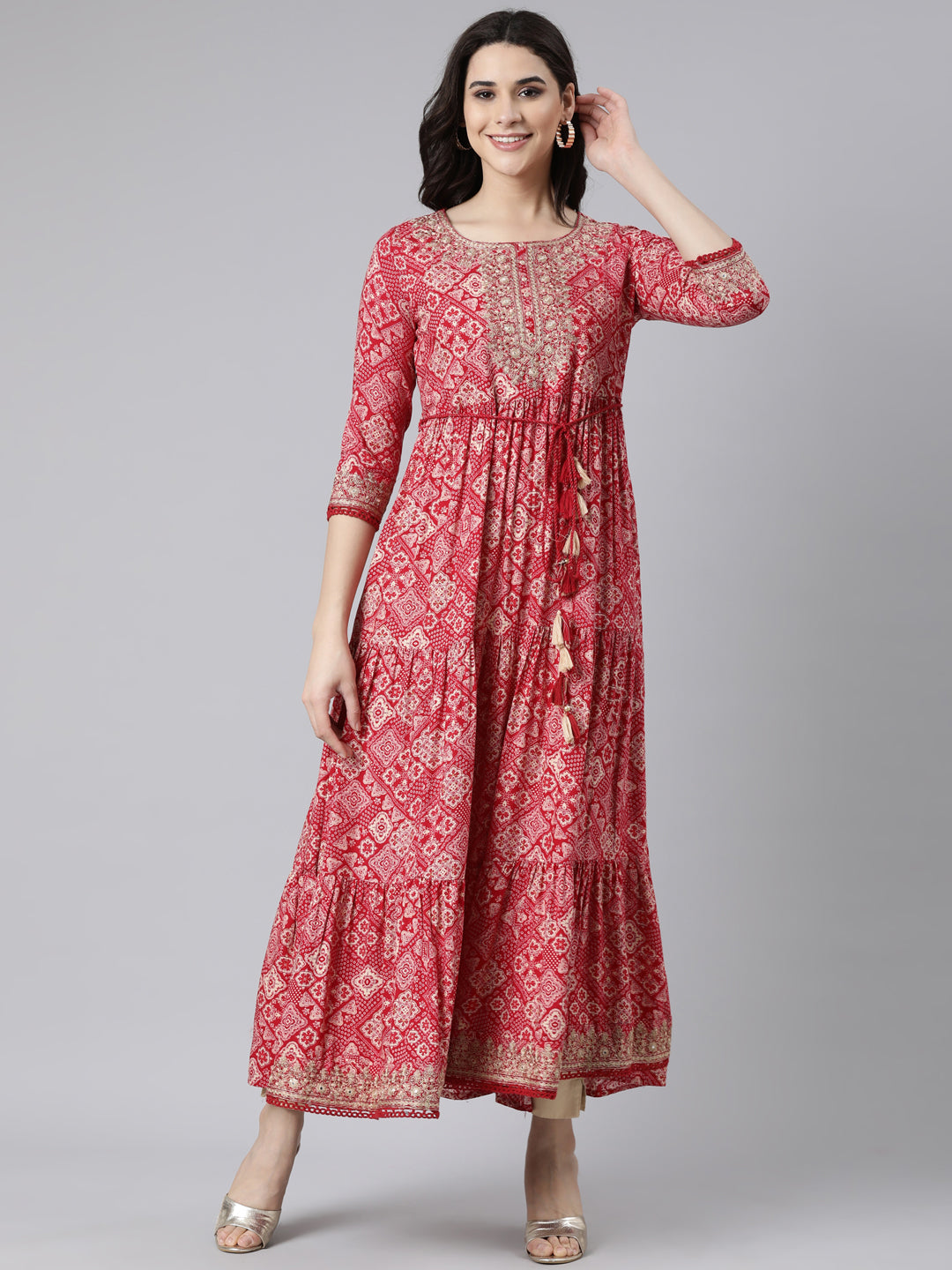 Neerus Pink Flared Casual Floral Fit and Flare Dresses