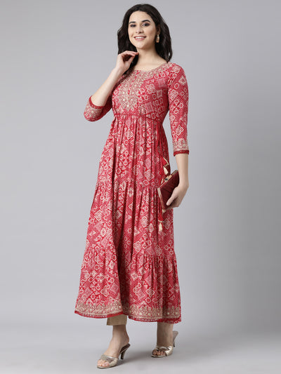 Neerus Pink Flared Casual Floral Fit and Flare Dresses