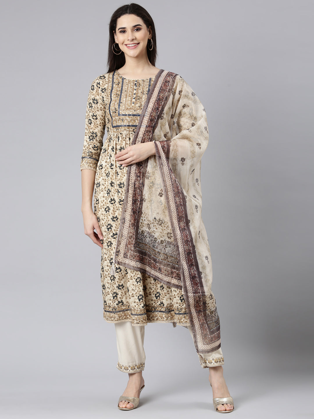 Neerus Beige Regular Straight Floral Kurta And Trousers With Dupatta