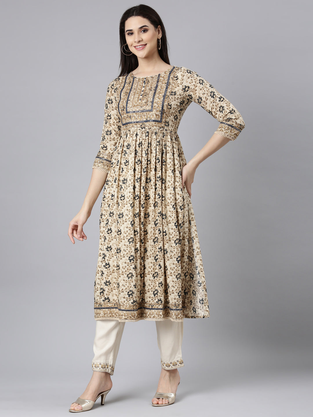 Neerus Beige Regular Straight Floral Kurta And Trousers With Dupatta