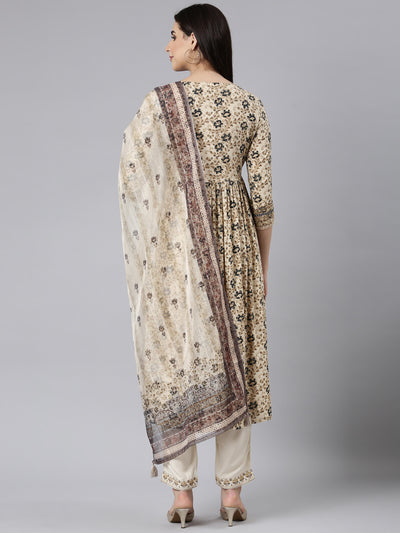 Neerus Beige Regular Straight Floral Kurta And Trousers With Dupatta