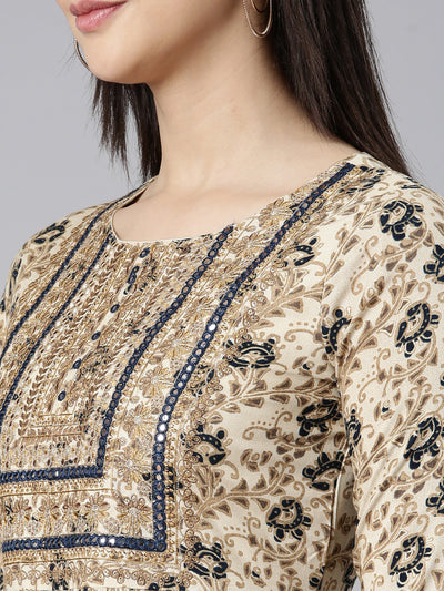 Neerus Beige Regular Straight Floral Kurta And Trousers With Dupatta