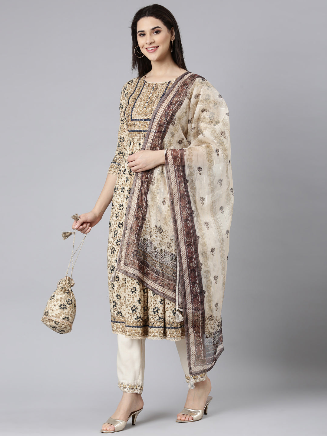 Neerus Beige Regular Straight Floral Kurta And Trousers With Dupatta