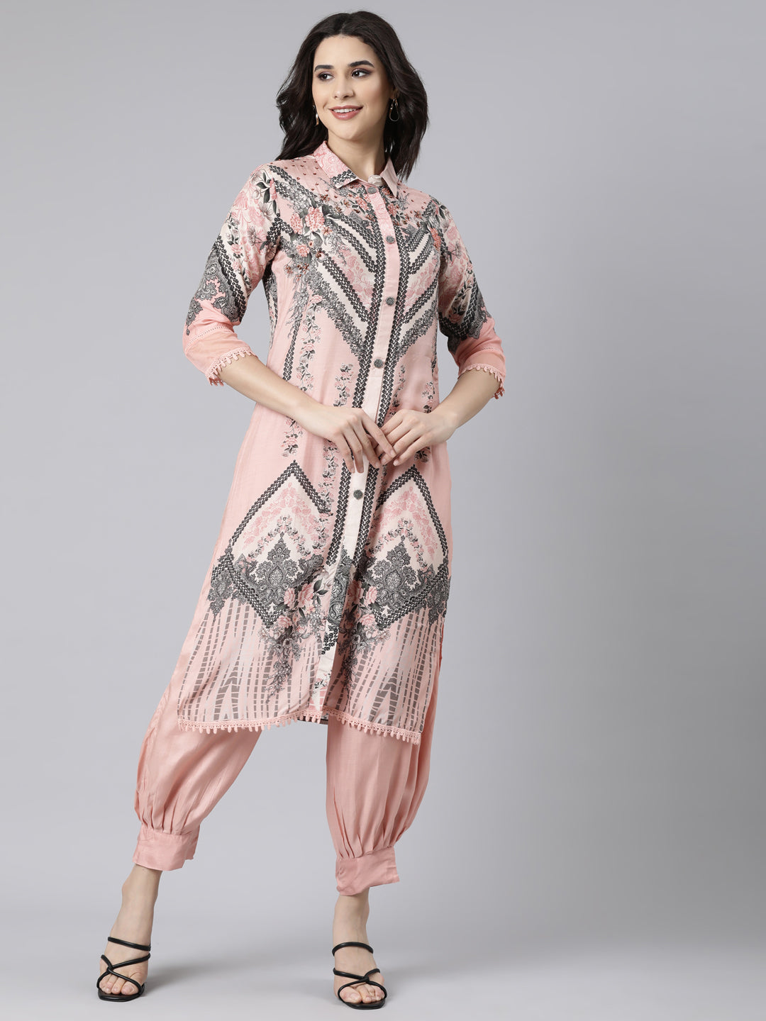 Neerus Pink Regular Straight Floral Kurta And  Salwar