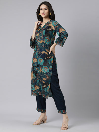 Neerus Navy Blue Regular Straight Floral Kurta And  Trousers With Dupatta