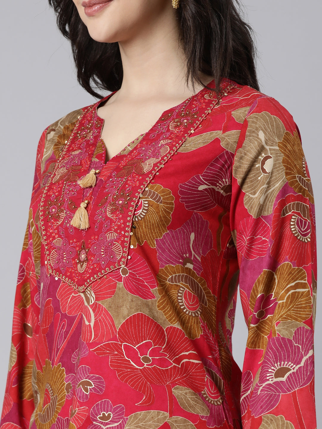 Neerus Pink Regular Straight Floral Kurta And  Trousers With Dupatta