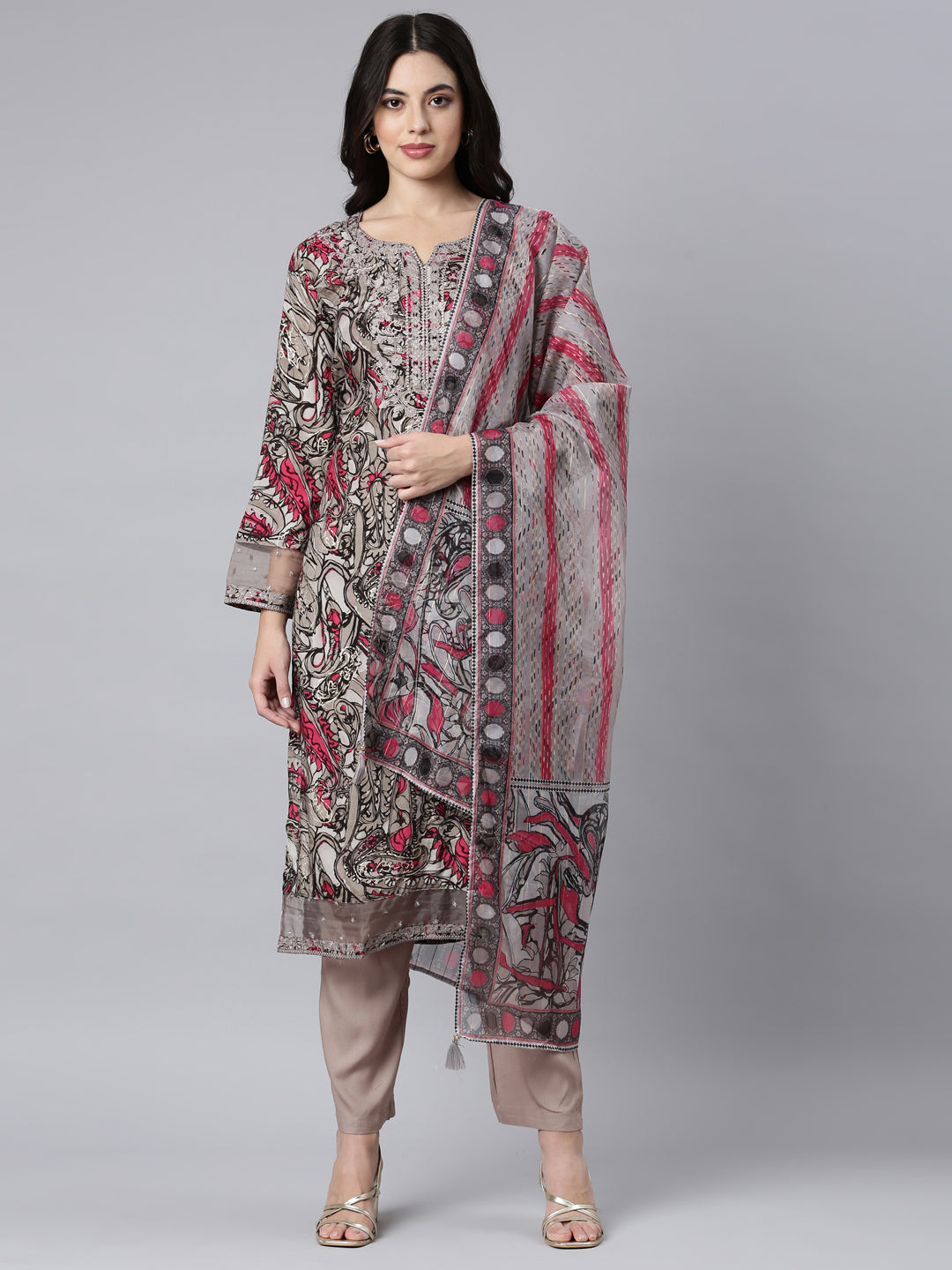 Neerus Grey Regular Straight Paisley Kurta And Trousers With Dupatta