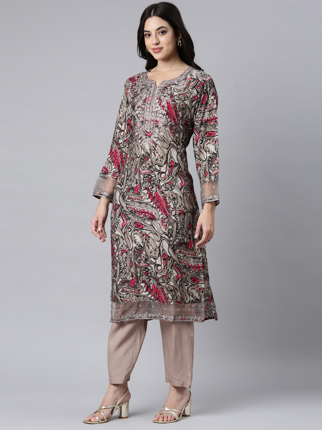 Neerus Grey Regular Straight Paisley Kurta And Trousers With Dupatta