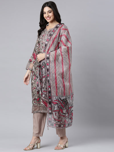 Neerus Grey Regular Straight Paisley Kurta And Trousers With Dupatta