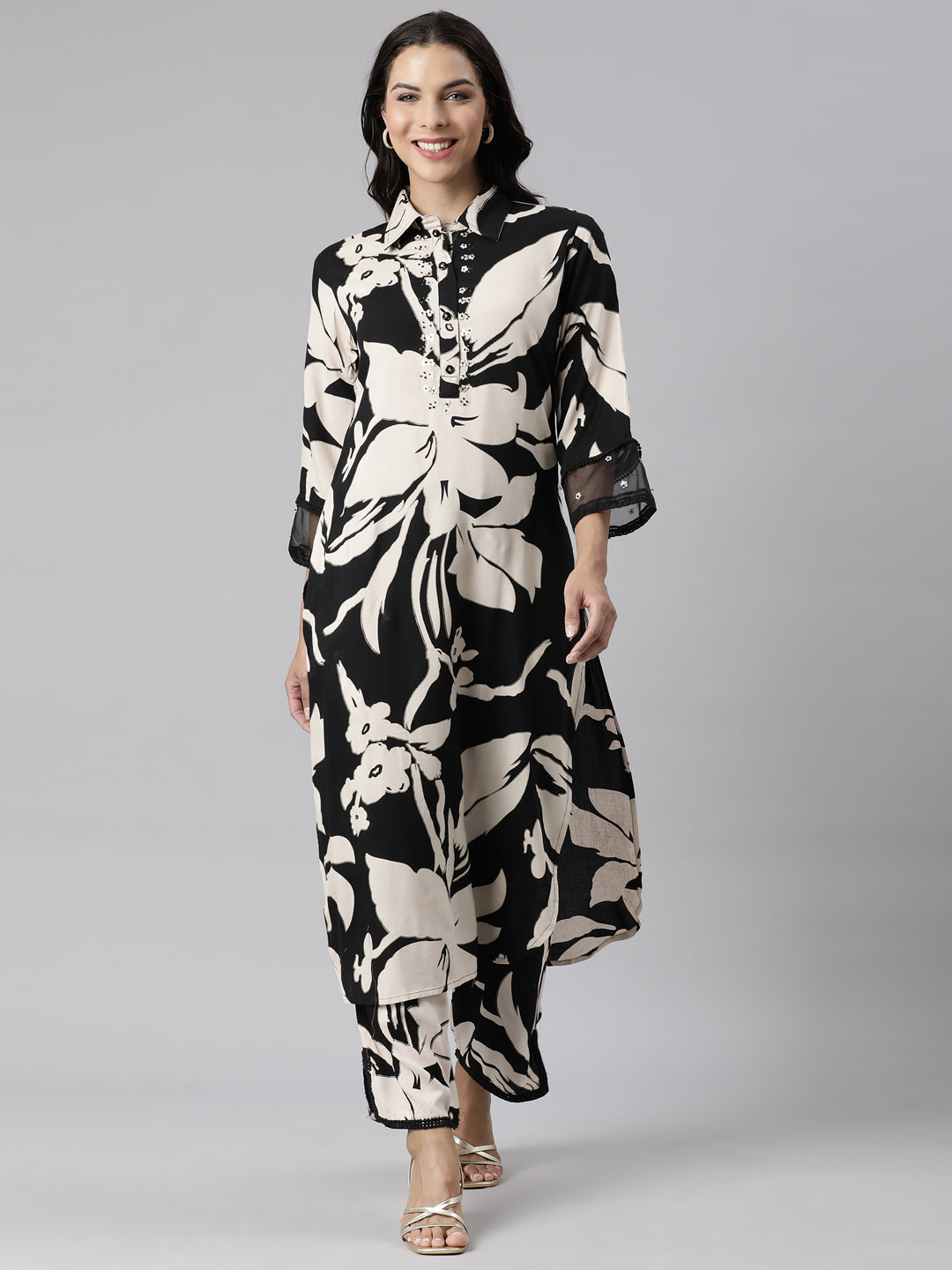 Neerus Black Panelled Straight Printed Kurta And Palazzos