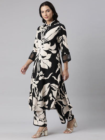 Neerus Black Panelled Straight Printed Kurta And Palazzos