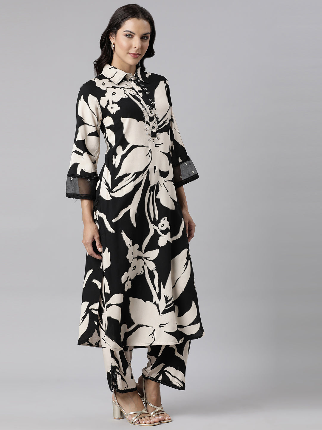 Neerus Black Panelled Straight Printed Kurta And Palazzos