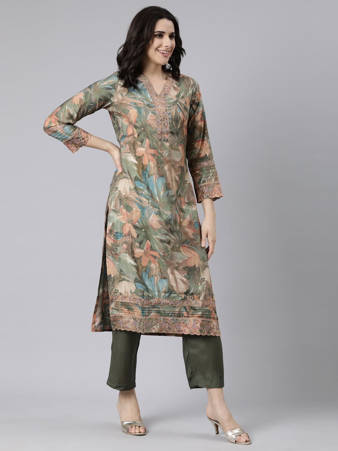 Neerus Olive Regular Straight Floral Kurta And  Trousers With Dupatta