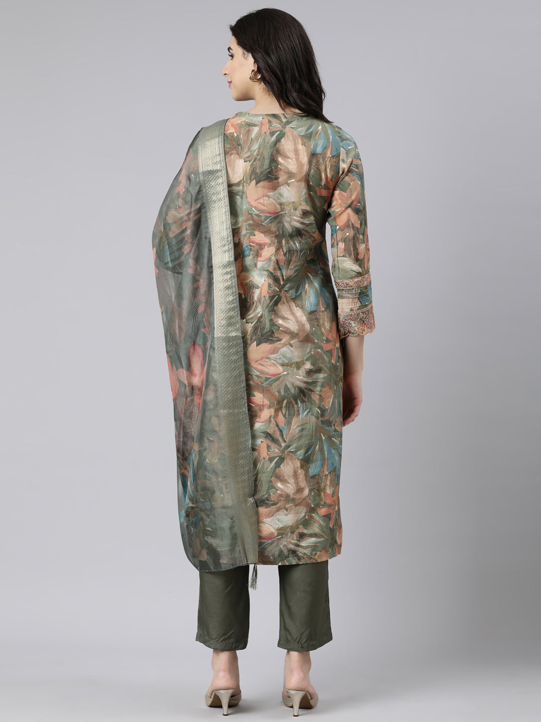 Neerus Olive Regular Straight Floral Kurta And  Trousers With Dupatta