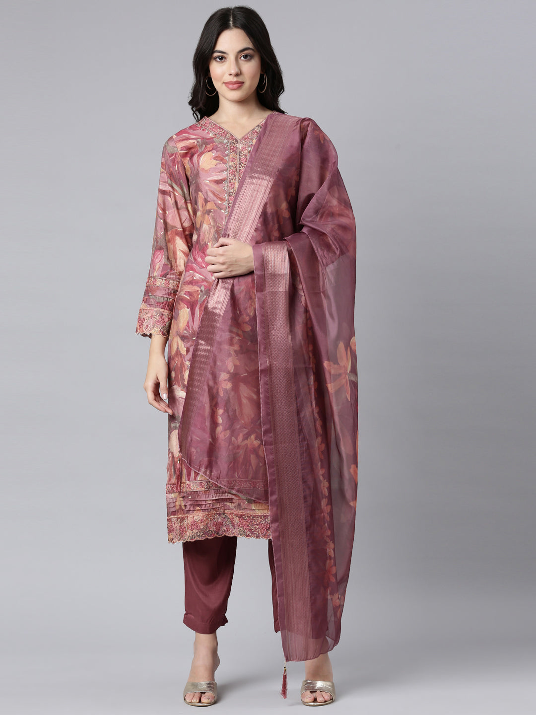 Neerus Pink Regular Straight Floral Kurta And Trousers With Dupatta