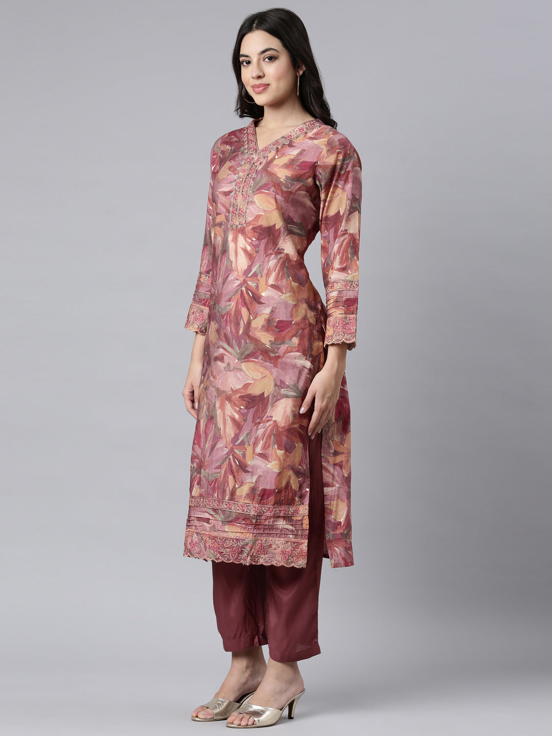 Neerus Pink Regular Straight Floral Kurta And Trousers With Dupatta