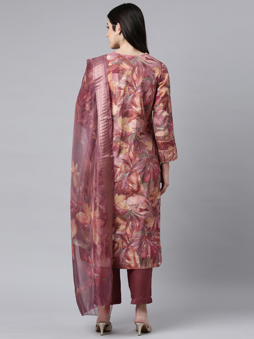 Neerus Pink Regular Straight Floral Kurta And Trousers With Dupatta