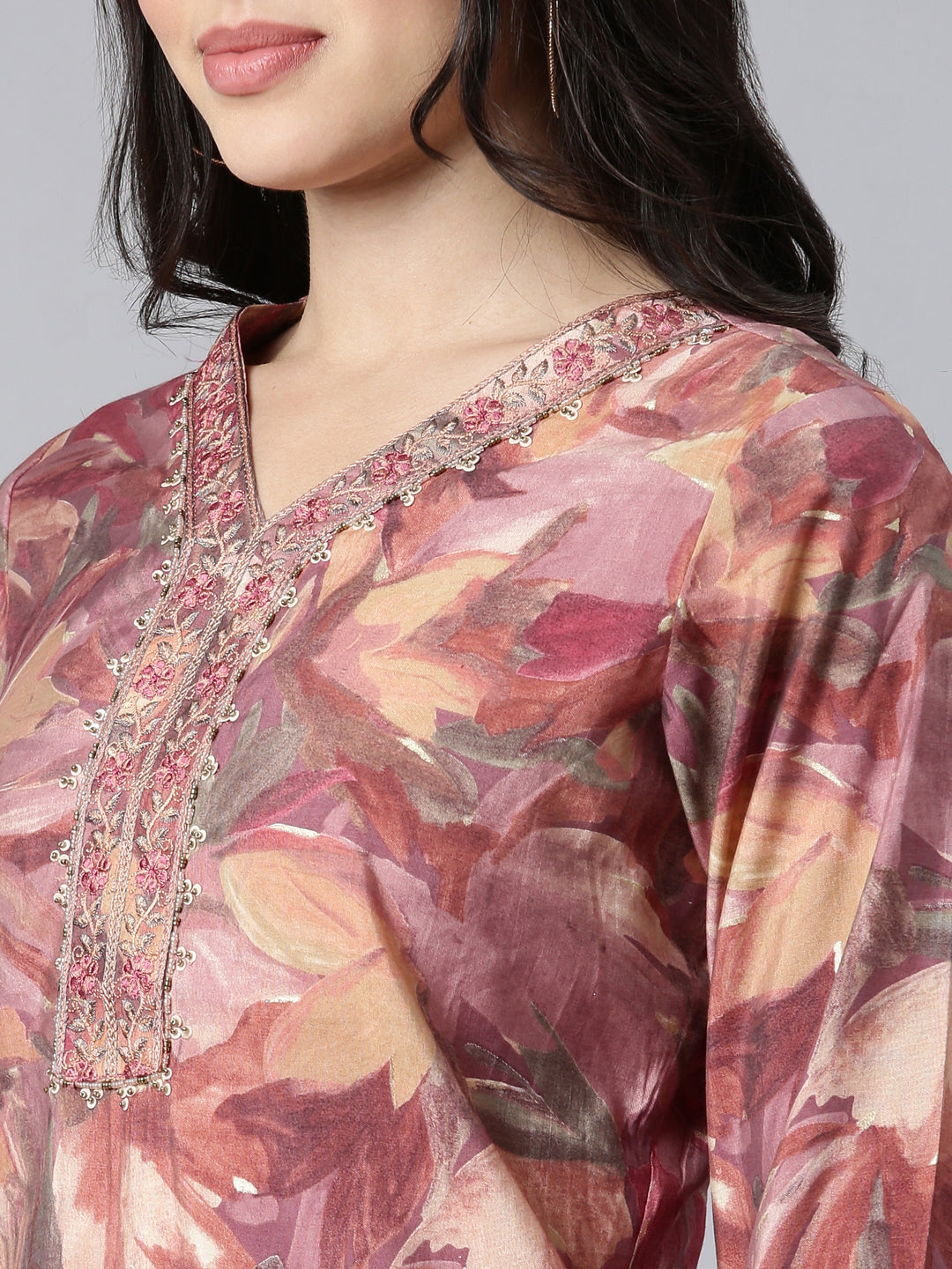 Neerus Pink Regular Straight Floral Kurta And Trousers With Dupatta