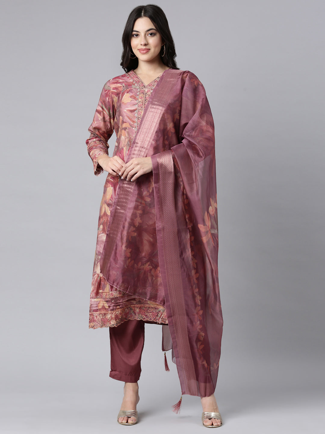 Neerus Pink Regular Straight Floral Kurta And Trousers With Dupatta