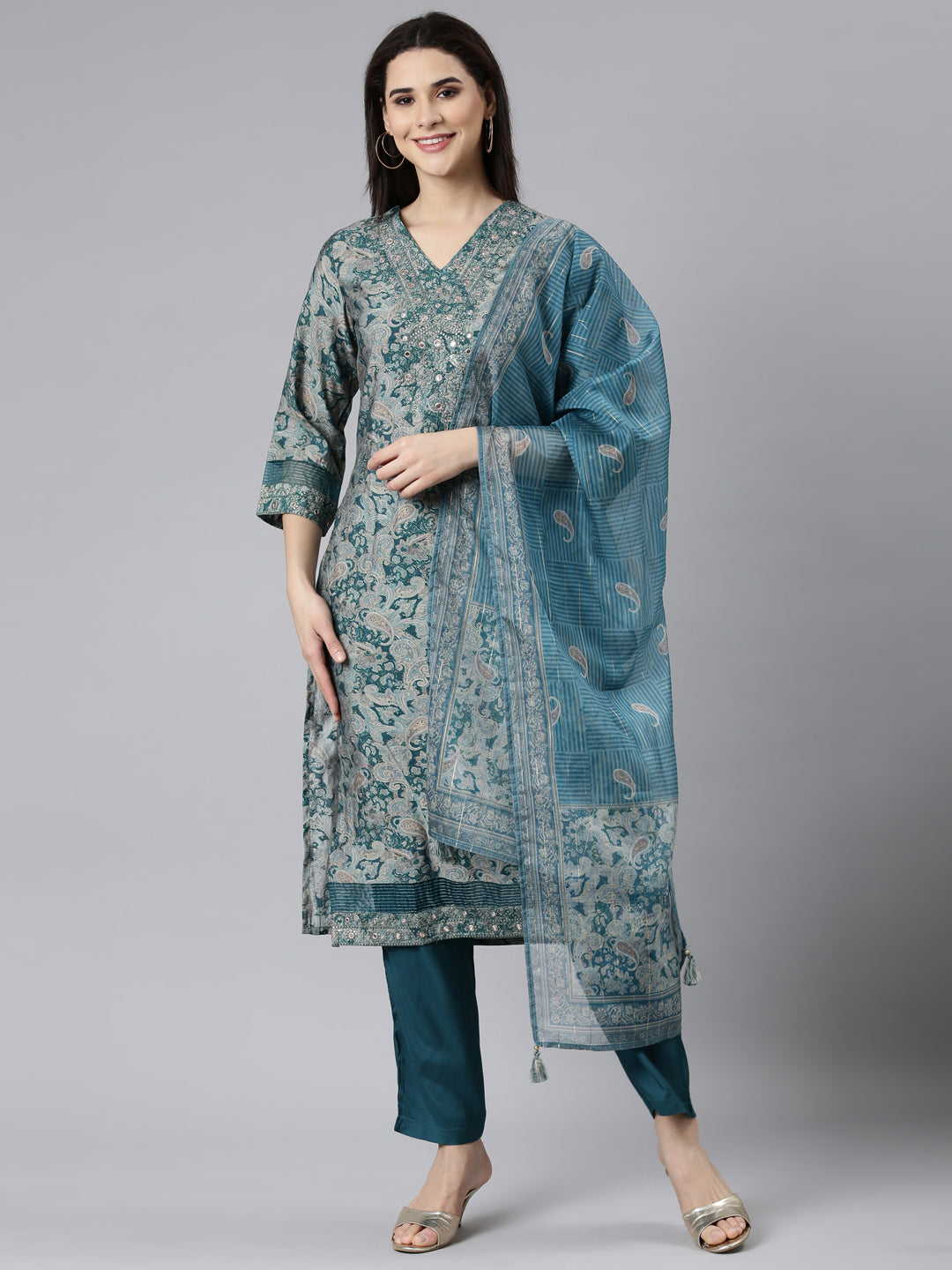 Neerus Blue Regular Straight Paisley Kurta And Trousers With Dupatta