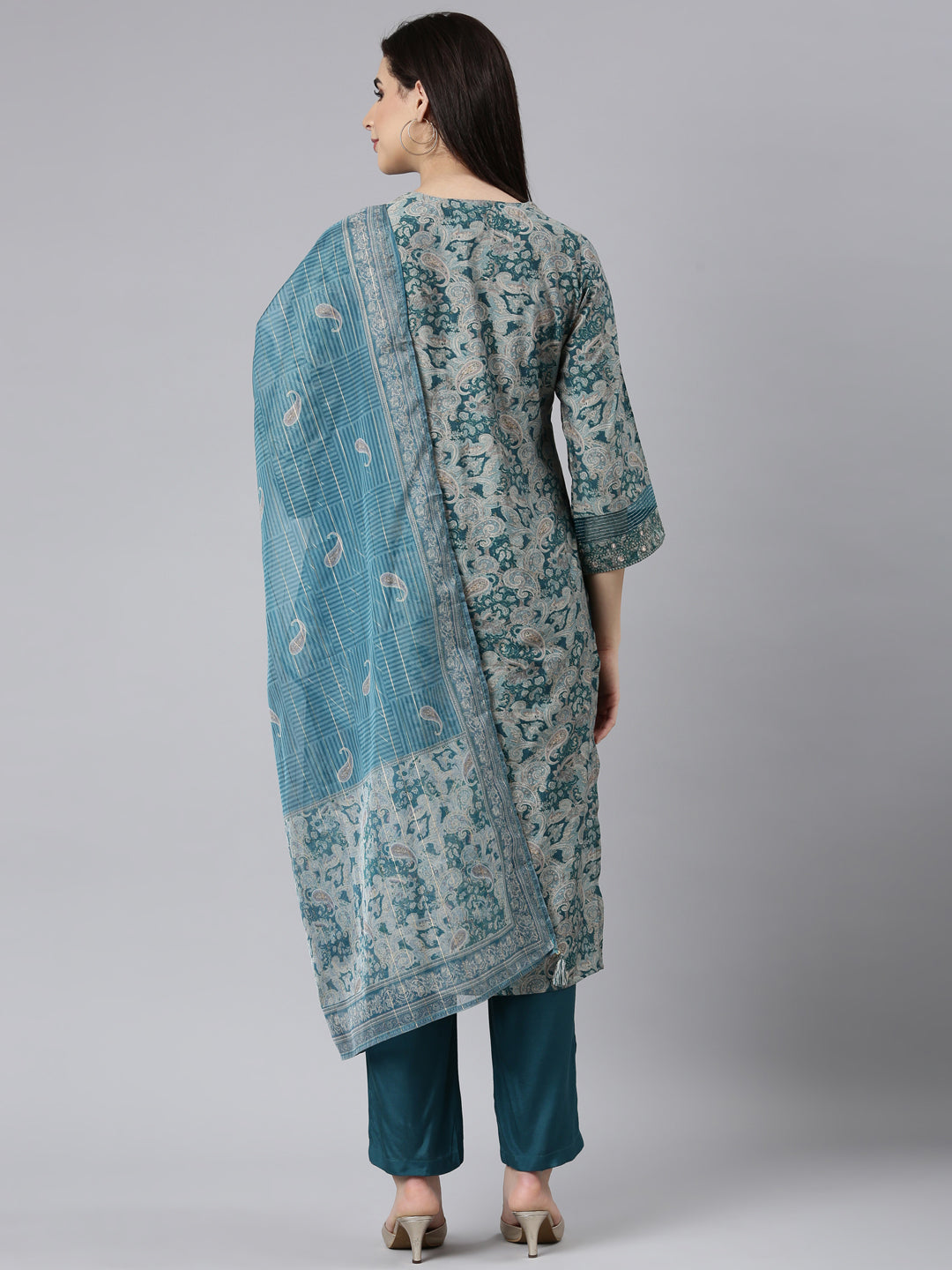 Neerus Blue Regular Straight Paisley Kurta And Trousers With Dupatta