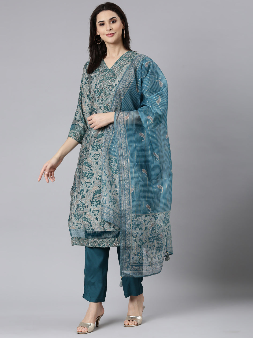 Neerus Blue Regular Straight Paisley Kurta And Trousers With Dupatta