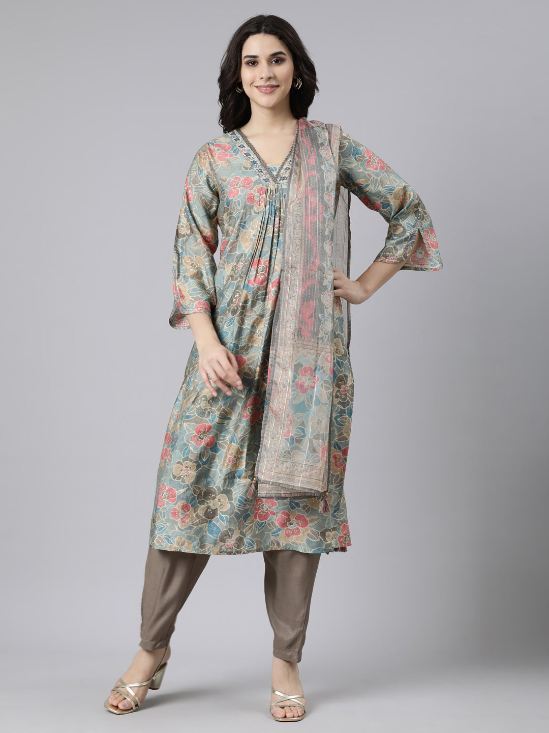 Neerus Blue Pleated Straight Floral Kurta And  Trousers With Dupatta