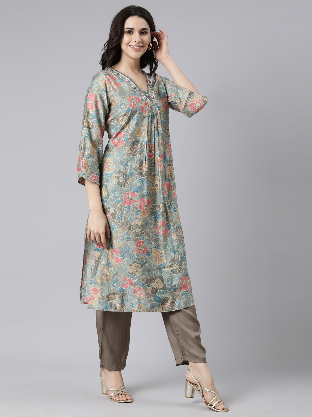 Neerus Blue Pleated Straight Floral Kurta And  Trousers With Dupatta