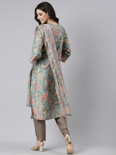 Neerus Blue Pleated Straight Floral Kurta And  Trousers With Dupatta