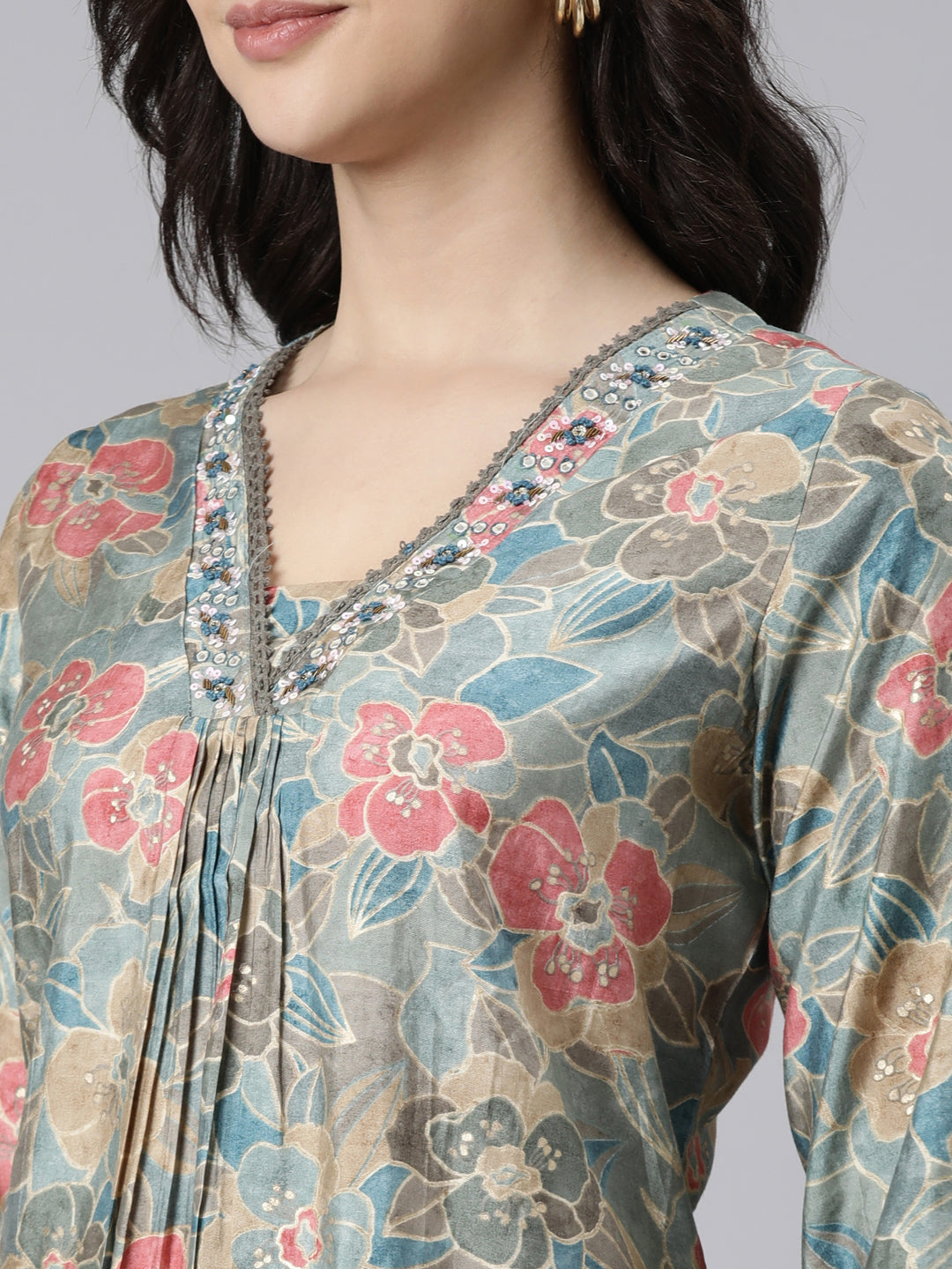 Neerus Blue Pleated Straight Floral Kurta And  Trousers With Dupatta