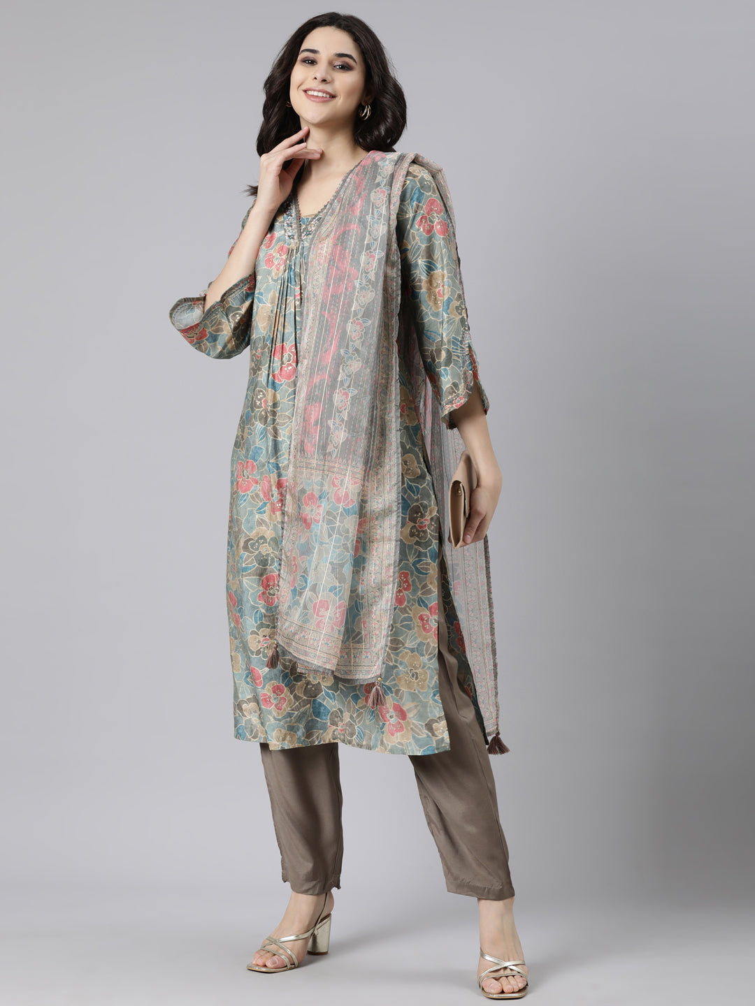 Neerus Blue Pleated Straight Floral Kurta And  Trousers With Dupatta