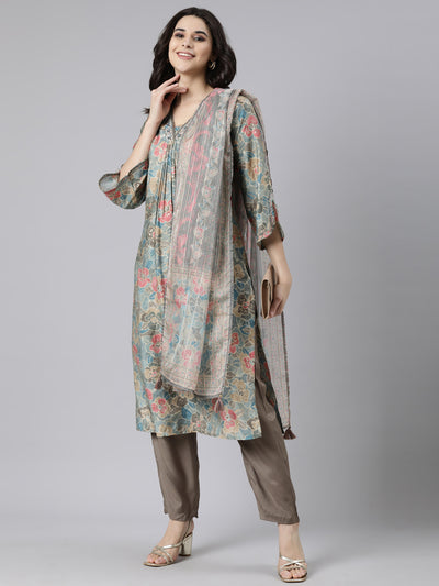 Neerus Blue Pleated Straight Floral Kurta And  Trousers With Dupatta