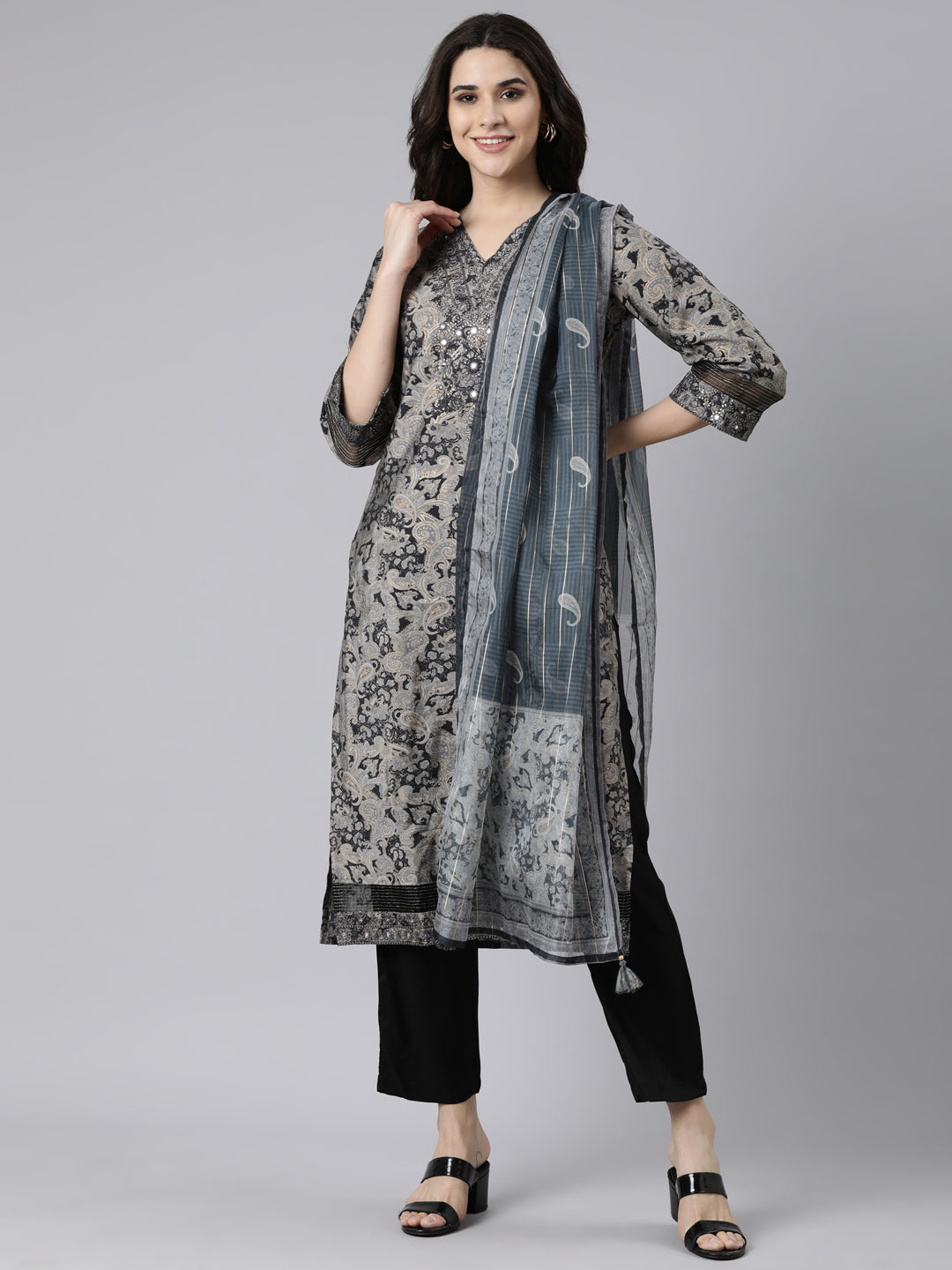 Neerus Grey Regular Straight Paisley Kurta And  Trousers With Dupatta