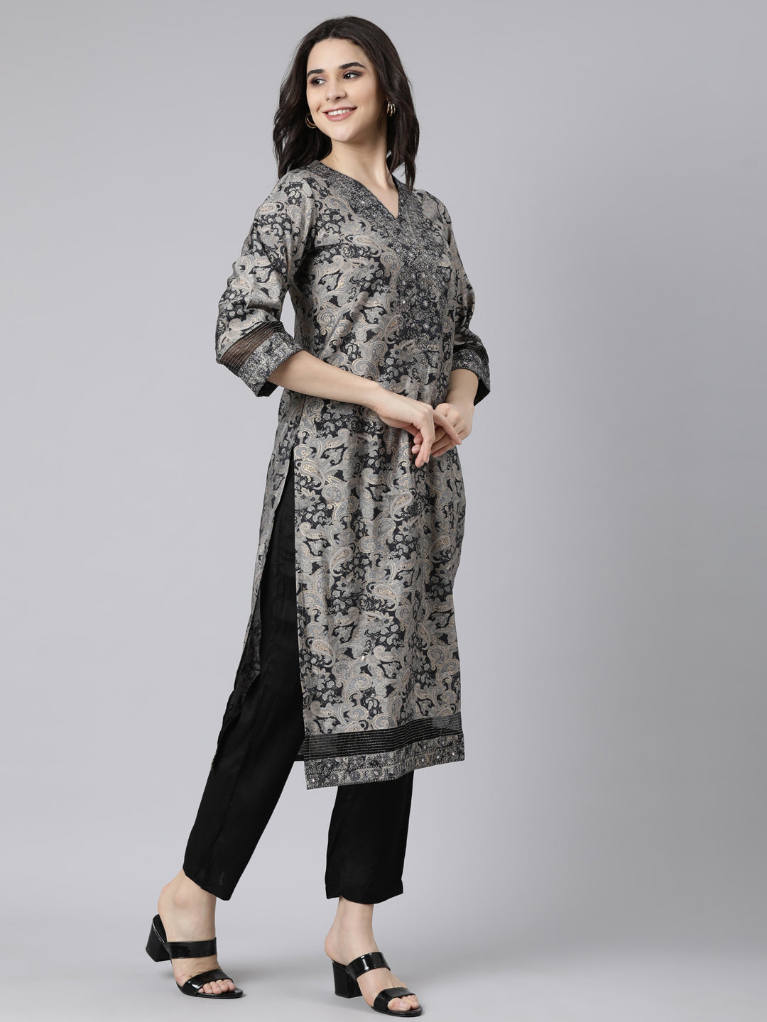 Neerus Grey Regular Straight Paisley Kurta And  Trousers With Dupatta