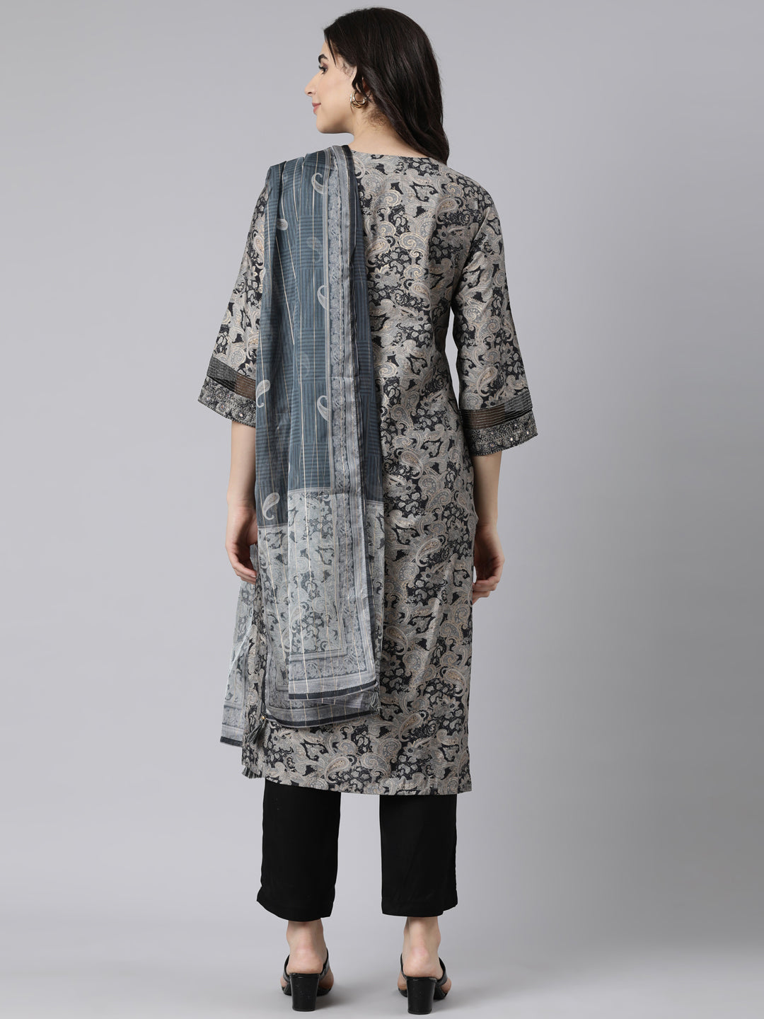 Neerus Grey Regular Straight Paisley Kurta And  Trousers With Dupatta