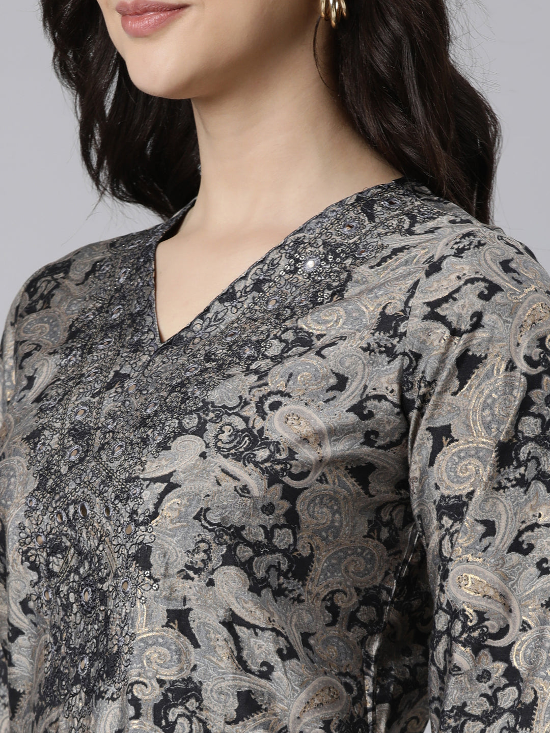 Neerus Grey Regular Straight Paisley Kurta And  Trousers With Dupatta