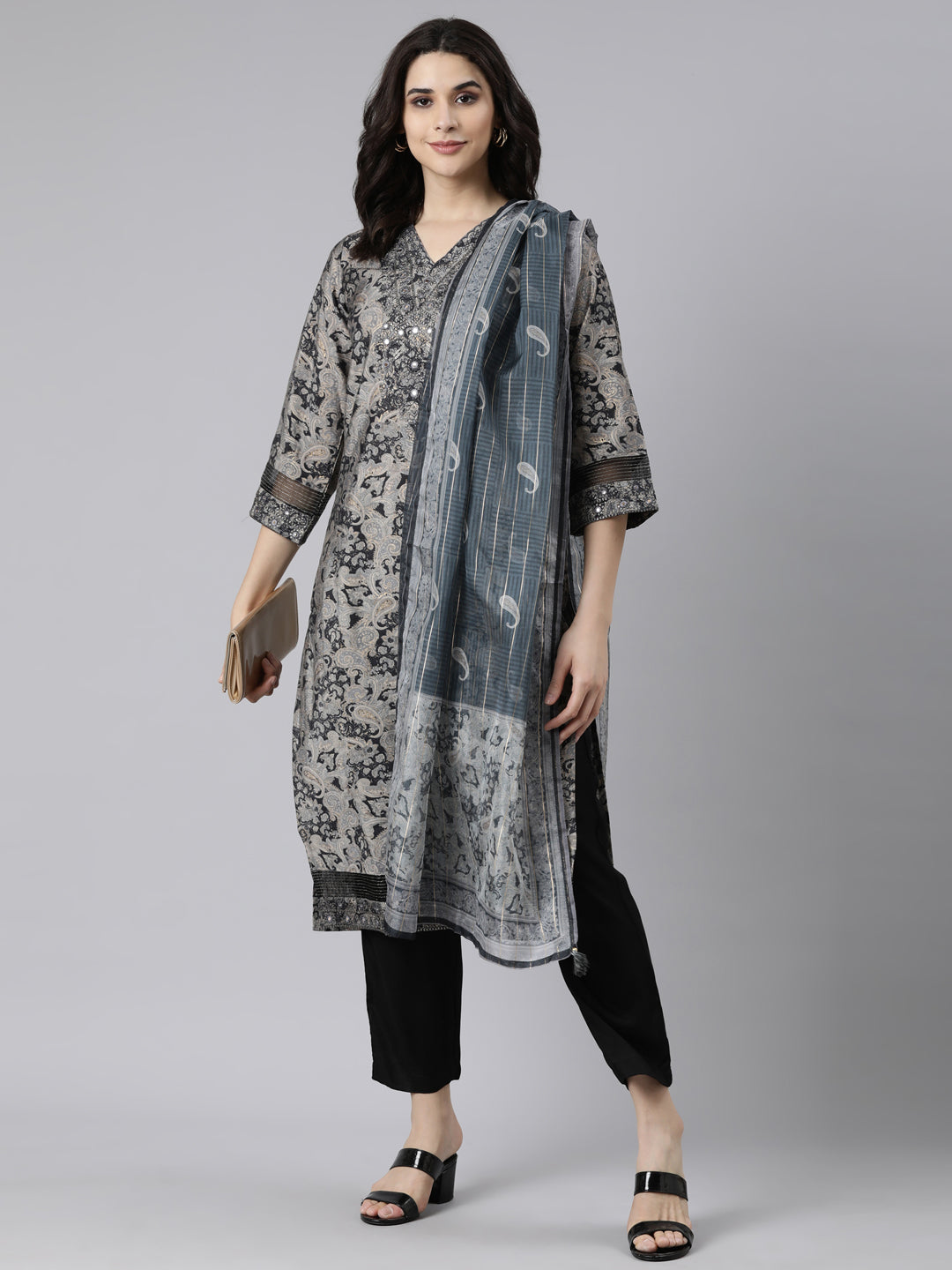 Neerus Grey Regular Straight Paisley Kurta And  Trousers With Dupatta