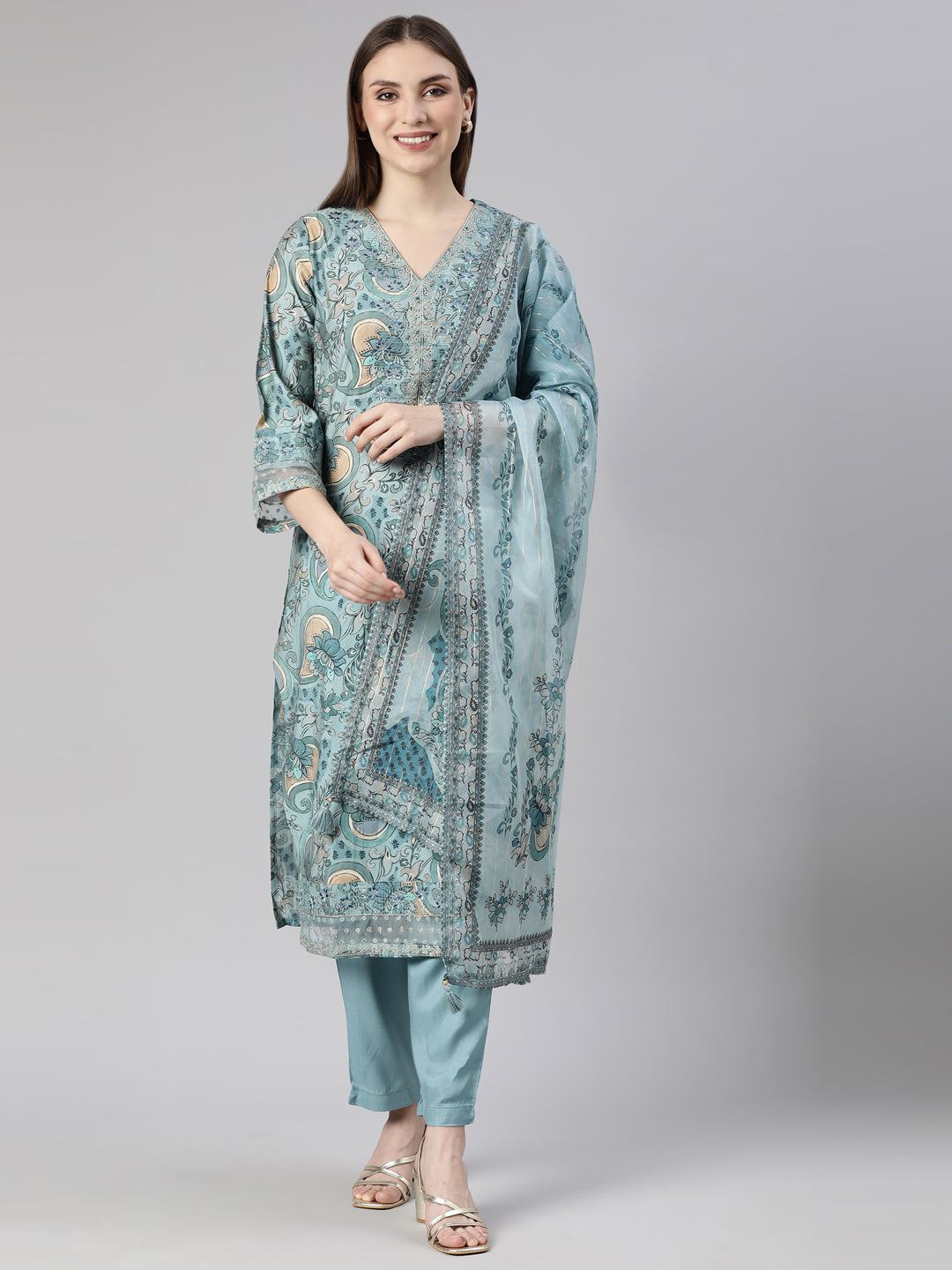 Neerus Blue Regular Straight Floral Kurta And  Trousers With Dupatta