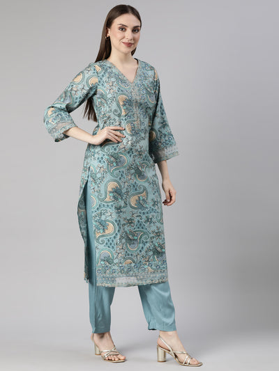 Neerus Blue Regular Straight Floral Kurta And  Trousers With Dupatta