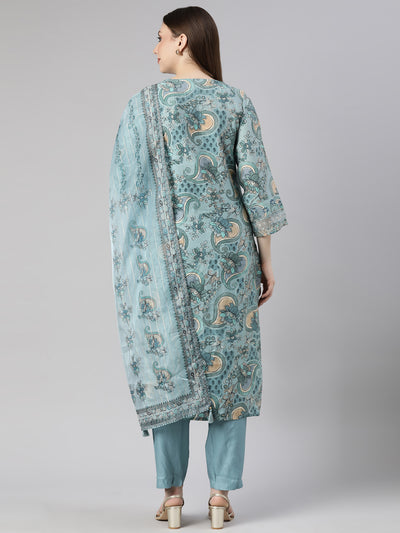 Neerus Blue Regular Straight Floral Kurta And  Trousers With Dupatta