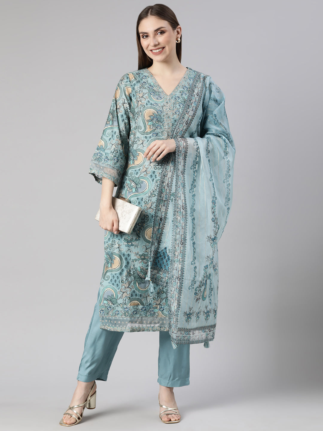 Neerus Blue Regular Straight Floral Kurta And  Trousers With Dupatta