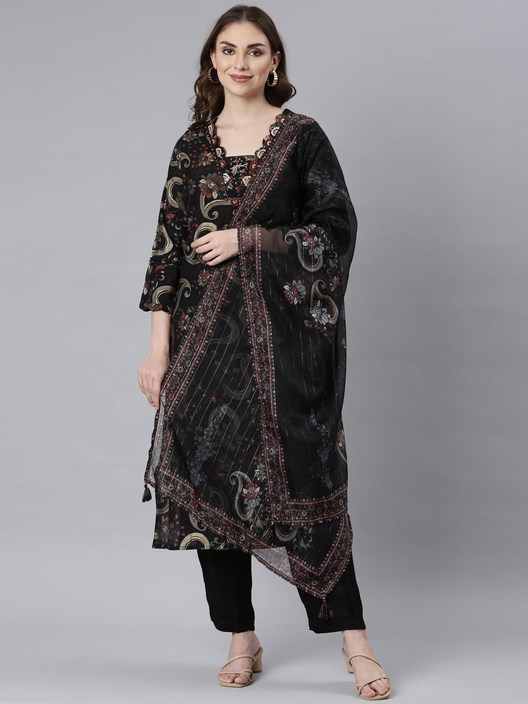 Neerus Black Panelled Straight Floral Readymade Suits