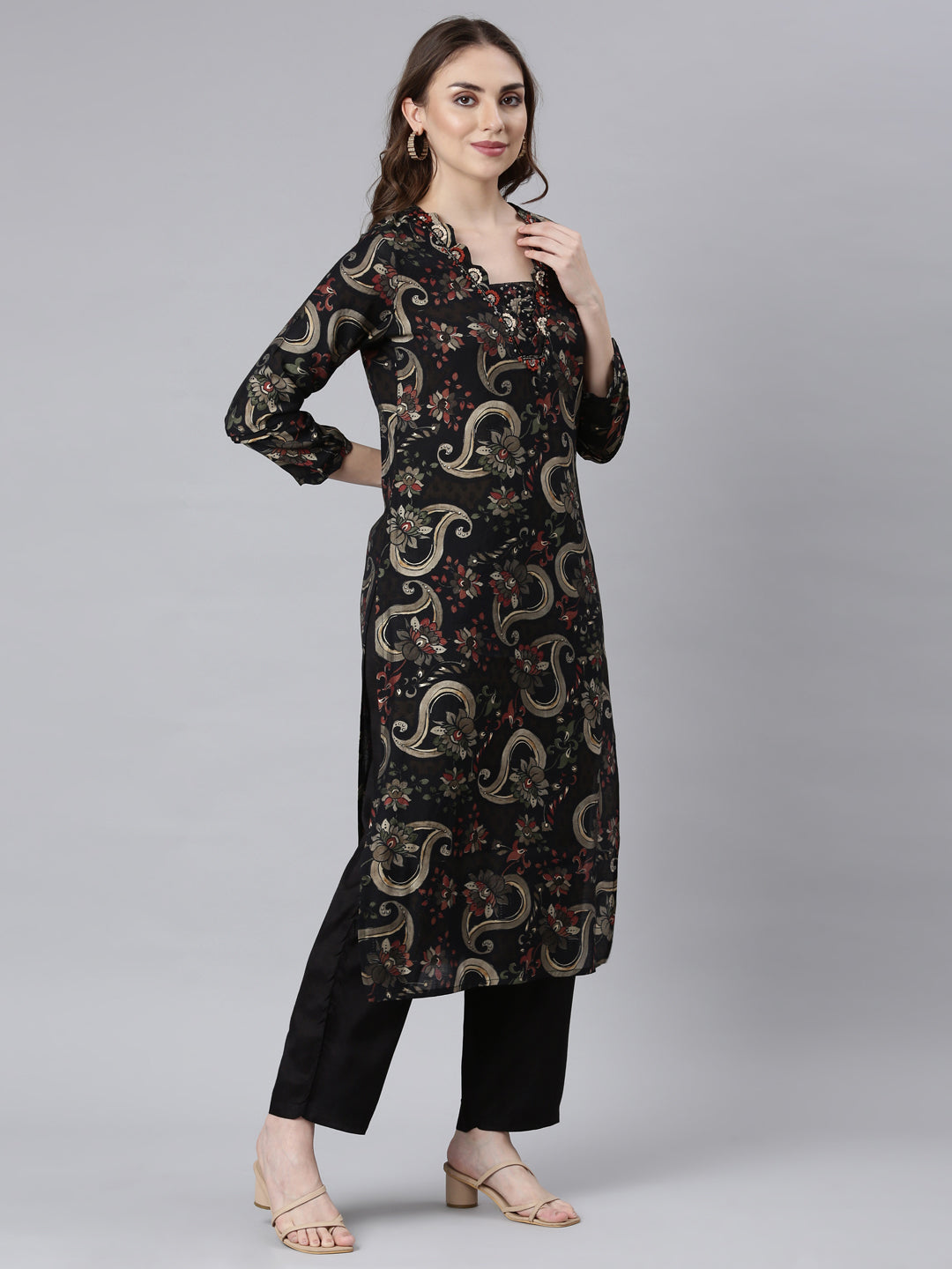 Neerus Black Panelled Straight Floral Readymade Suits